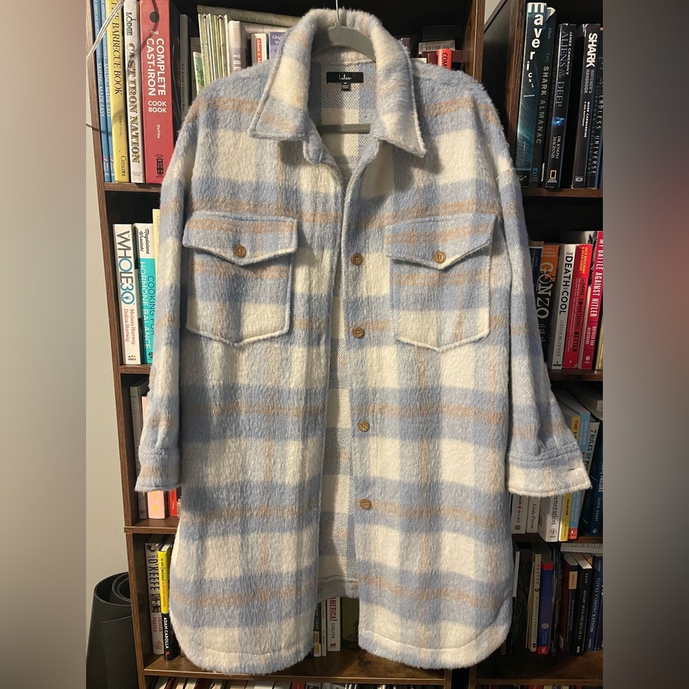 White, Tan, Blue Plaid Wool-Blend Jacket